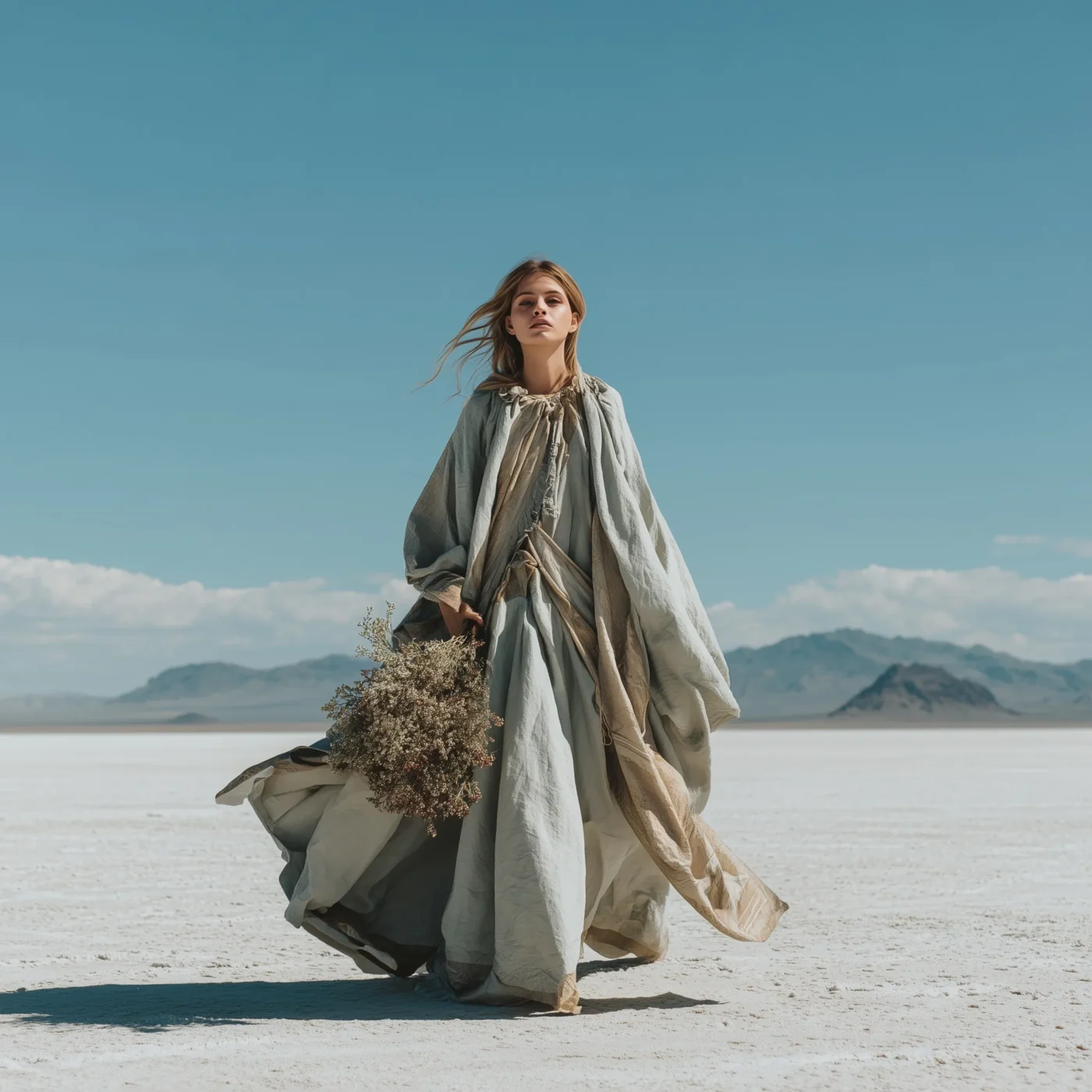 55+ Female Model Photos Wearing Linen Clothing in a Desert Setting