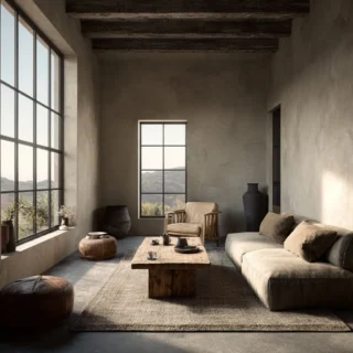 Cozy wabi-sabi living room with beige linen textures and natural light Images