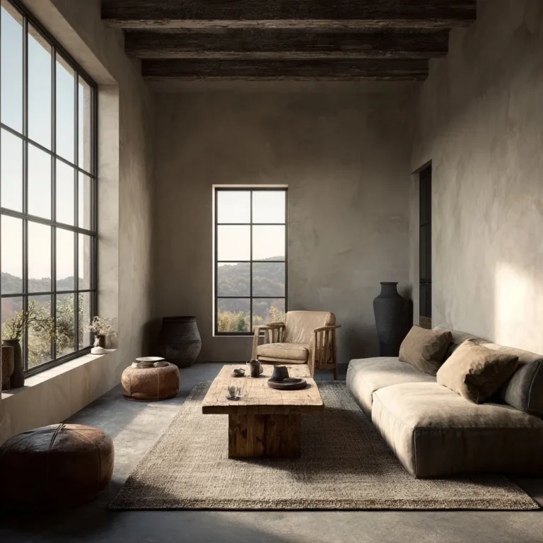 Cozy wabi-sabi living room with beige linen textures and natural light Images