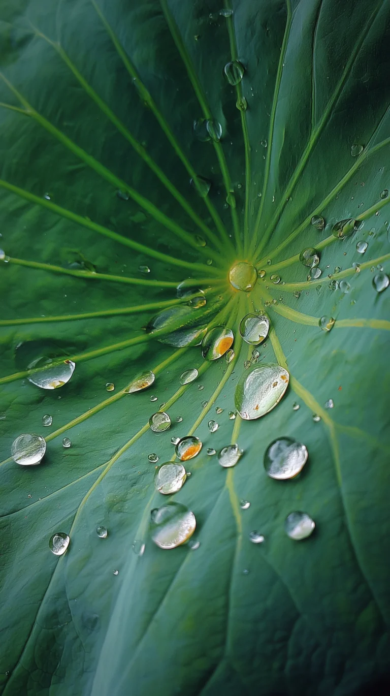 Macro Water Droplets on Green Leaf: 4K Morning Sunlight Mobile Wallpaper