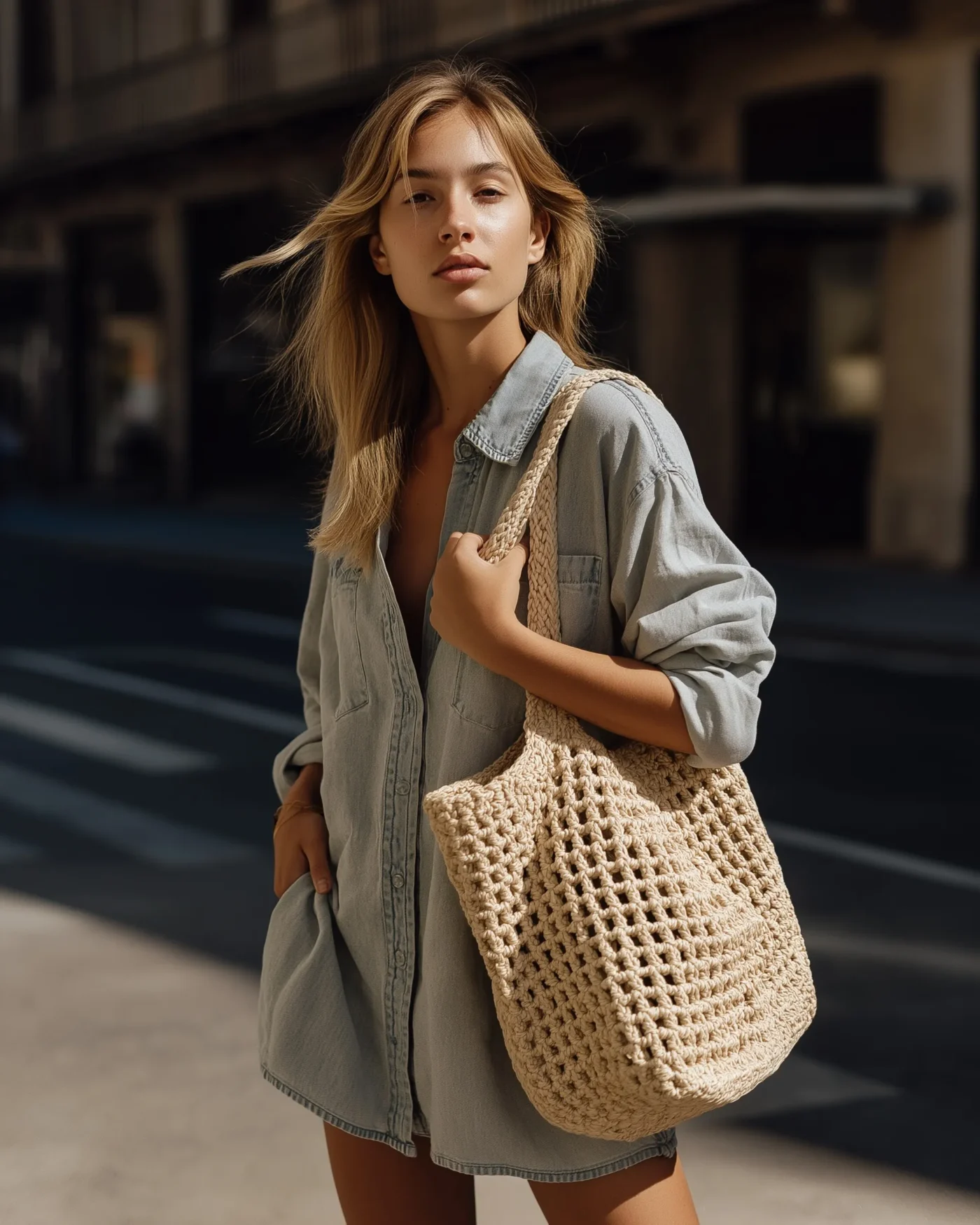 39+ Woman in Linen Summer Outfit with Straw Bag