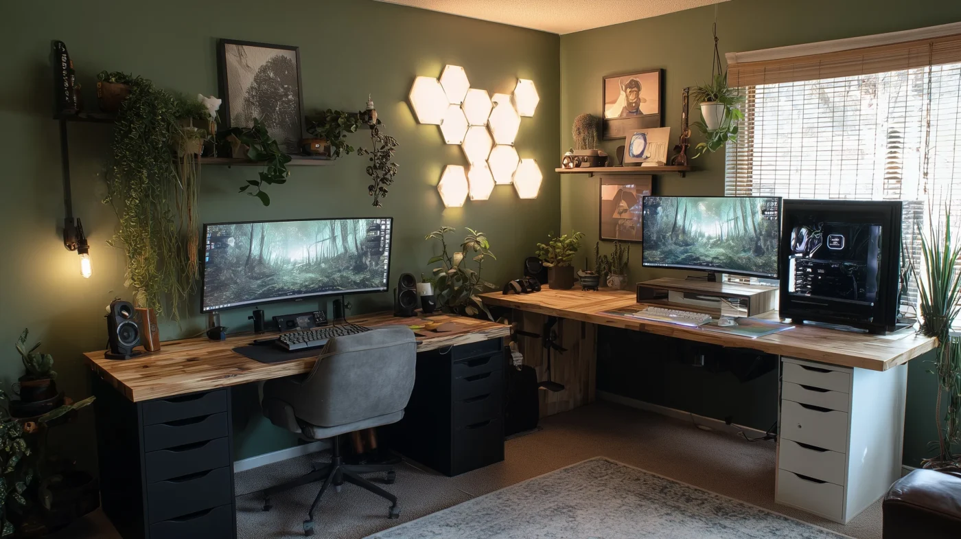 Cozy Cabin Gaming Setup Desk Organization Ideas | Images